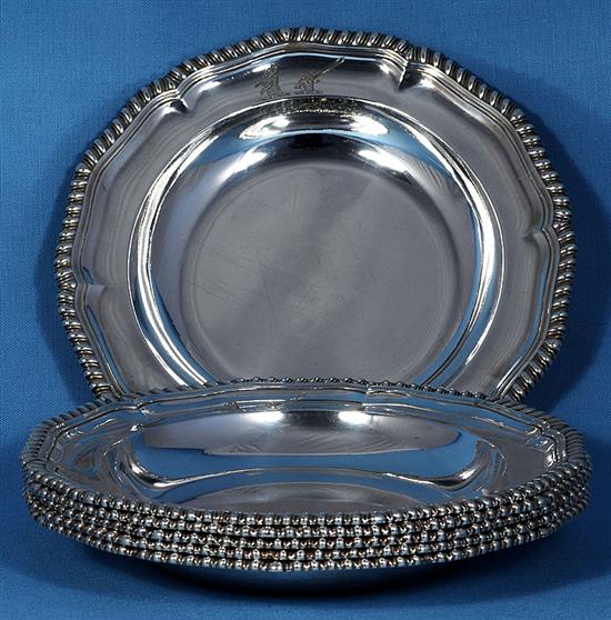 A rare and good set of six George IV silver soup plates, by Paul Storr, Diameter 245mm Total weight 108.5oz/3375grms